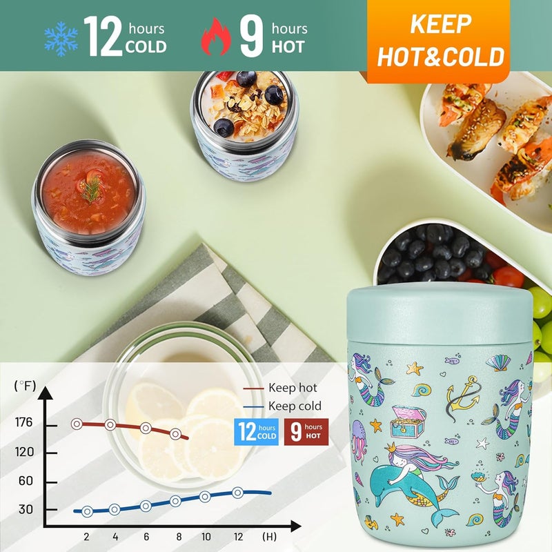 Charcy 9oz Stainless Steel Vacuum Insulated Kids Food Jar - Soup Thermo for Hot & Cold Food - Blue Mermaid - Image 4